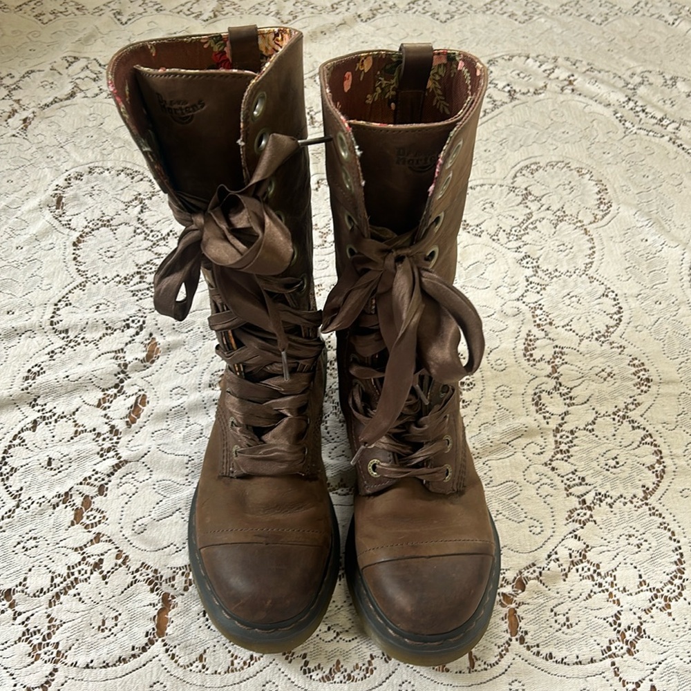 dr martens tall lace up ribbon boots brown
